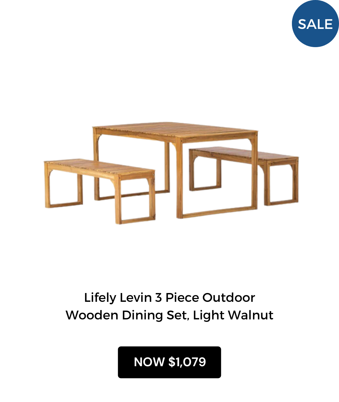 Lifely Levin 3 Piece Outdoor Wooden Dining Set, 90Wx150Lx75H cm, Light Walnut